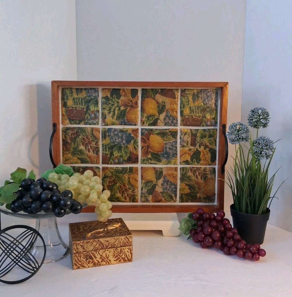 VTG Solid Oak & Ceramic Tile Serving Tray with Wrought Iron Handles